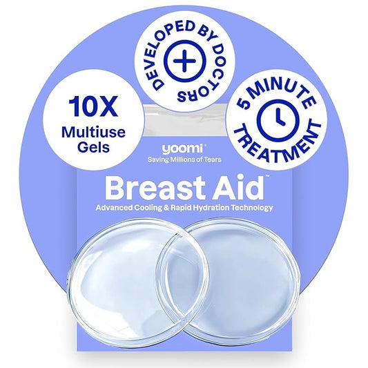 Yoomi Breast Aid™ Soothing Cryogel Pads for Sore Cracked Nipples with HOCl, 10x Multiuse, Advanced Cooling Tech for Instant Relief & Repair, Rapid Hydration for Lasting Comfort for Breast Feeding Moms
