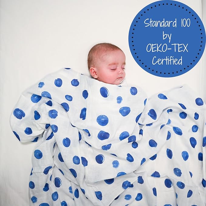 LollyBanks Swaddle Blanket - 100% Cotton Muslin Swaddle, 47 x 47 Inches, Neutral, Baby Essentials, Blue Dots Print