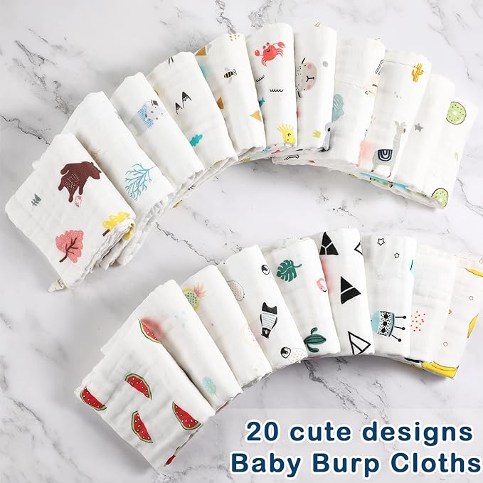 Chumia 20 Pack Muslin Baby Burp Cloths Large 20 x 10 Inches Cotton Baby Burp Rags Towel and Washcloths Face Towels 6 Layers Super Absorbent for Infant Shower,20 Styles