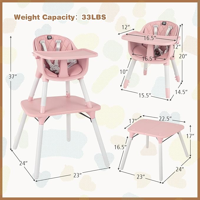 BABY JOY High Chair, 5 in 1 Convertible Highchair for Babies & Toddlers | Booster Seat | Table and Chair Set | Infant Feeding Chair with Removable Tray, Safety Harness, Removable Cushion (Pink)