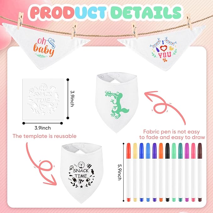 NACHLYNN 67 Pcs White Baby Bibs Baby Shower Games Set Including 12 Blank Baby Bibs 12 Stencils 30 Clothespins 12 Fabric Markers 1 Hemp Rope for Boys Girls Gender Reveal Party