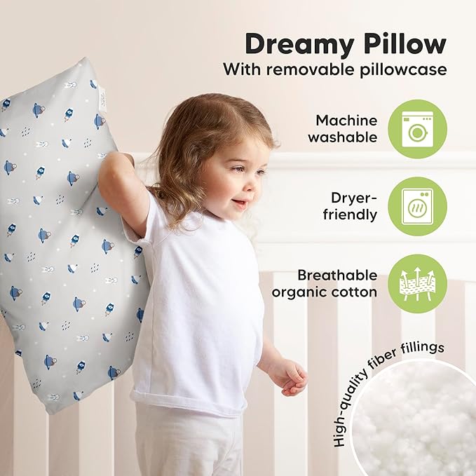 KeaBabies Toddler Pillow with Pillowcase, Jumbo 14X20 - Soft Organic Cotton Toddler Pillows for Sleeping - Machine Washable - Perfect for Travel, Toddler Bed Set (Cosmo)