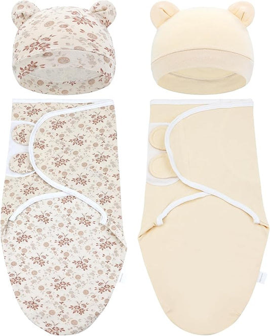 Cinaci 2 Pack Adjustable Soft Cotton Blend Newborn Baby Receiving Swaddle Blankets Sleep Sacks with Nursery Hats Caps Beanies Bonnets for Baby Girls Boys Newborns Infants