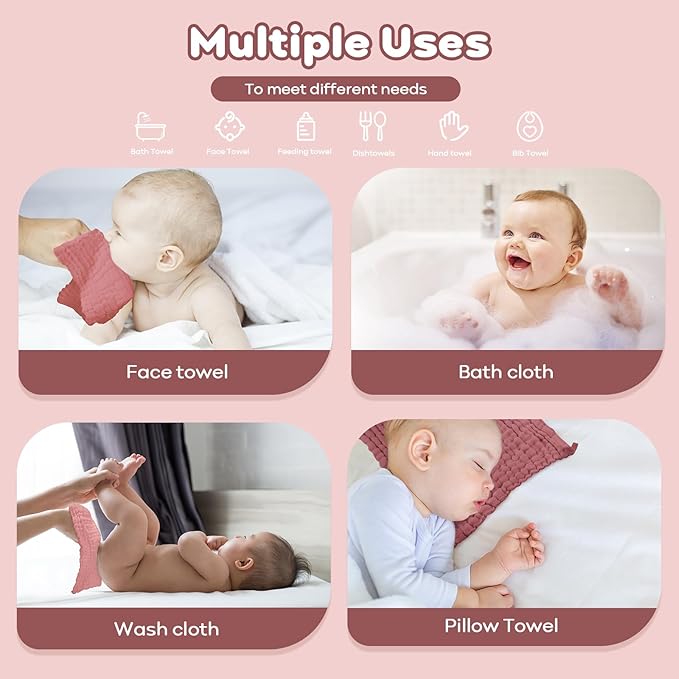 Yoofoss Muslin Baby Washcloths 100% Organic Cotton Face Towels 10 Pack Wash Cloths for Baby 12x12in Soft and Absorbent Baby Wipes (Gradient Pink)