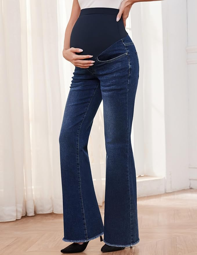 GLAMIX Women's Stretch Maternity Bootcut Jeans with Pockets Over The Belly Bell Bottoms Flare Denim Pants Pregnancy Clothes