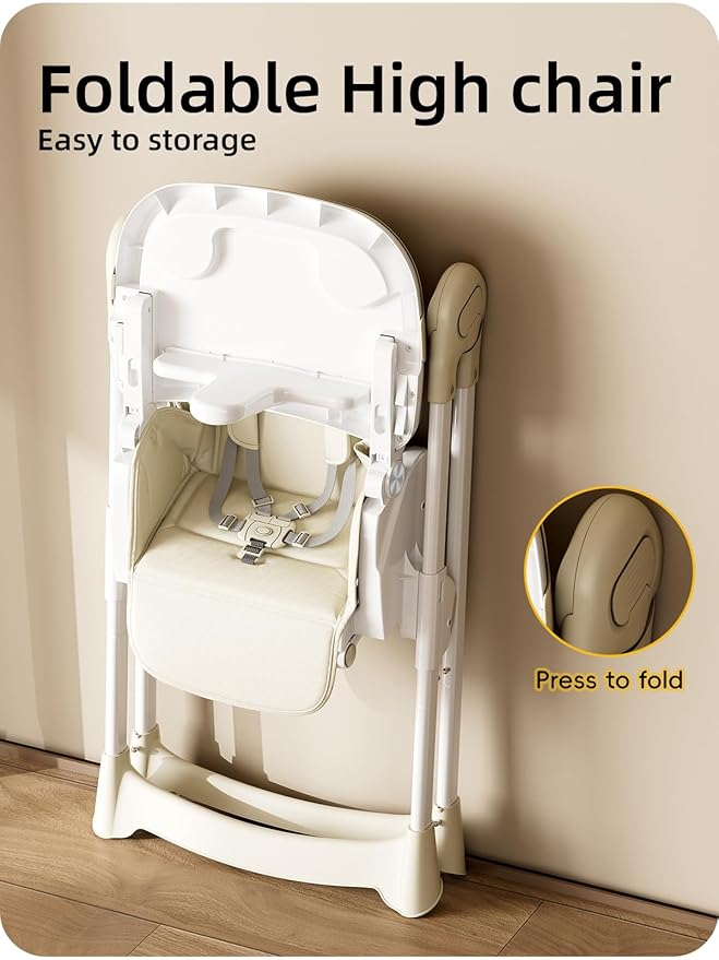 High Chair, Foldable High Chairs for Babies and Toddlers with Removable Tray, Height Adjustable Feeding Chair, Adjustable Backrest and Footrest, Beige