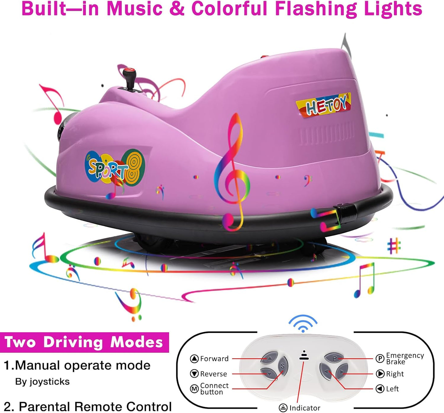 12V Bumper Car for Toddlers, Electric Toy Ride on Battery Car with Kids W/Parent Remote Control, 2-Speed, 360 Degree Spin, Music & LED Lights for Kids, Purple