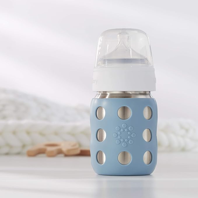 Lifefactory 8-Ounce Stainless-Steel Vacuum-Insulated Wide-Neck Baby Bottle with Stage 2 Nipple (3-6 Months) Denim, LS2211WDE4
