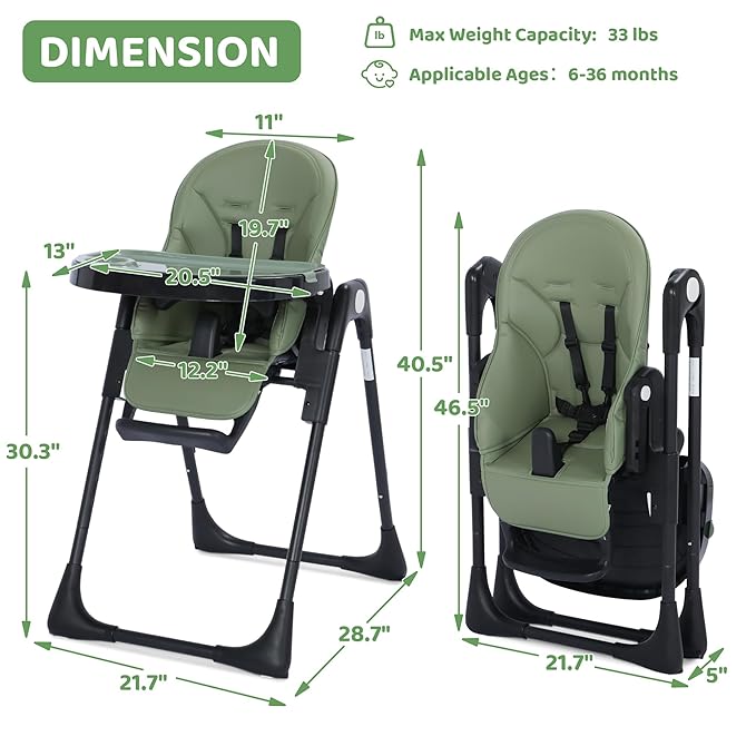 3 in 1 Foldable Baby High Chair, Infant High Chairs for Babies and Toddlers, 6 Height & 5 Recline Adjustable Toddler Feeding Chair, 2 Tray Depth & 3 Footrest Angles, 2 Built-in Wheels, Green
