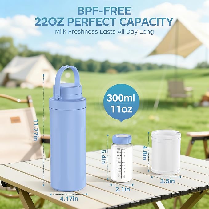 22oz Breastmilk Cooler Bottle for Outdoor, 24 Hours All-Day Cooling& Leak-Proof Seal, Larger Capacity Travel Breastmilk Chiller with 2pcs Baby Bottles for Breastmilk Storage, Baby Feeding Essentials