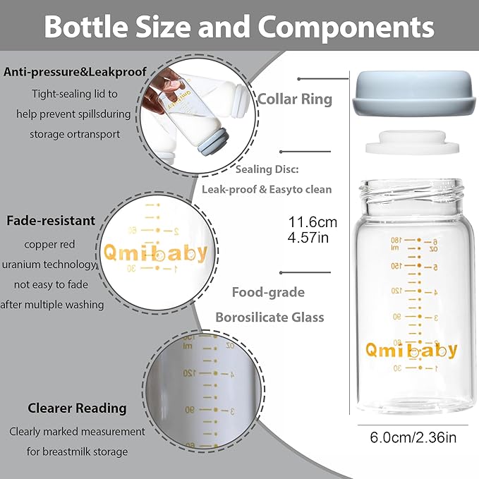 Breast Milk Storage Bottles 180ml 6oz BPA-Free Leak-Proof Baby Bottle for Breastmilk Storage Wide Neck Bottles with Screw Ring Sealing Disk Breastfeeding (Grey+Pink, 180ml-6Packs)