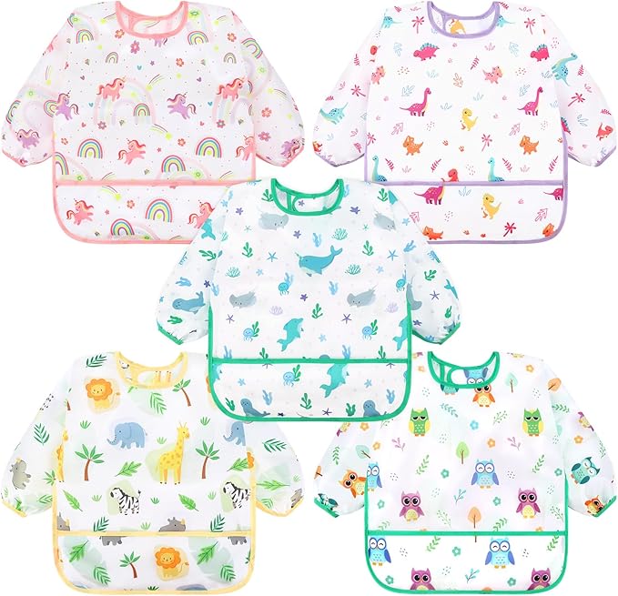 Accmor 5 Pack Long Sleeve Bibs, Baby Smock Waterproof Sleeved Bib Smock for Baby Toddler 6-36 Months