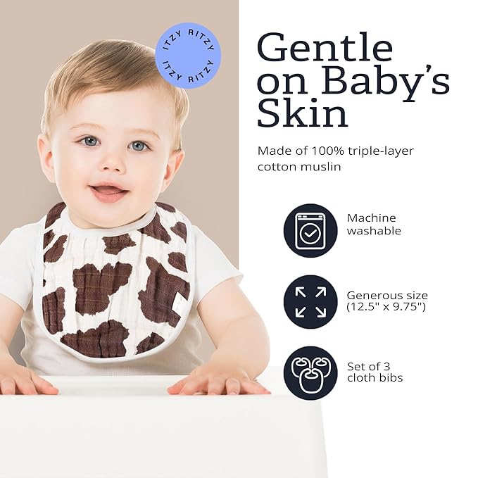 Itzy Ritzy Set of 3 Baby Bibs - Ultra-Soft Adjustable Infant & Toddler Bibs Made of Triple-Layer Cotton Muslin, Ideal for Drooling, Teething, & Eating - 3 Stylish, Coordinating Prints (Cow Print)