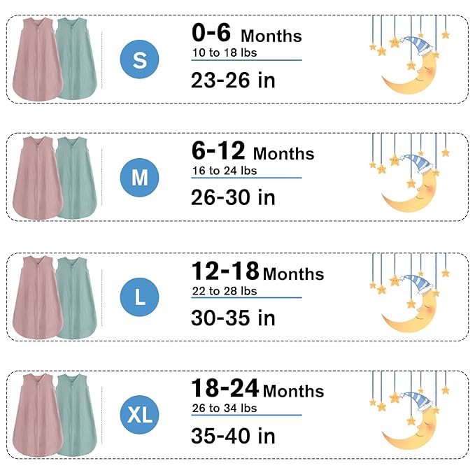 2 Pack Baby Sleep Sack 18-24 Months 100% Organic Cotton Muslin Baby Sleeping Bag 2-Way Zipper Toddler Wearable Blankets Comfy Stretchy Thin Sleep Sacks
