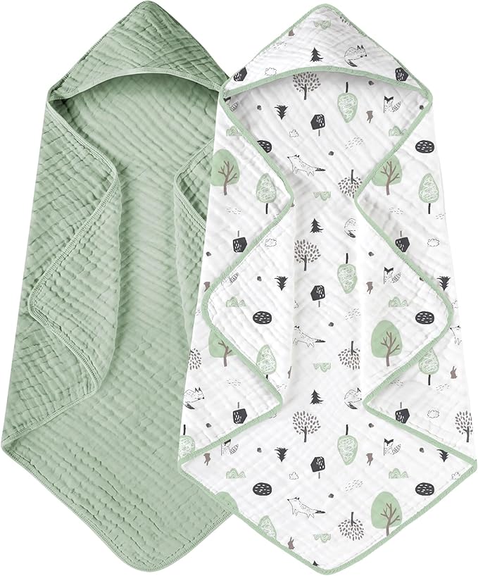 Yoofoss Hooded Baby Towels for Newborn 2 Pack 100% Muslin Organic Cotton Baby Bath Towel with Hood for Babies, Infant, Toddler and Kids, 32x32Inch, Soft and Absorbent Newborn Essential,Forest