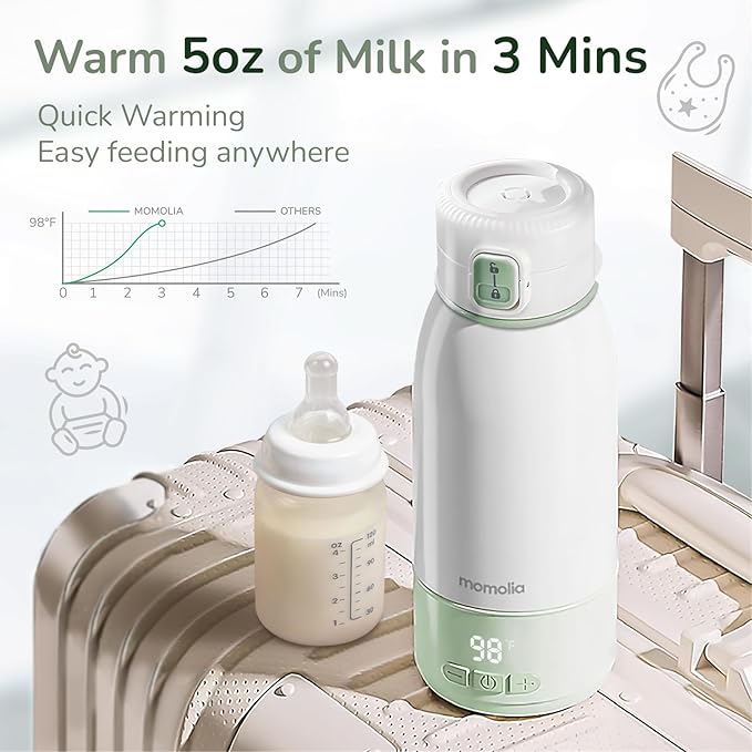 Portable Milk Warmer for Travel, Pasteurization Mode, 17 oz Capacity, 3 Min Fast Heating & Long Battery Life, Baby Bottle Warmer for Breast Milk and Water On-The-Go, Meets Full Day Feeding Needs