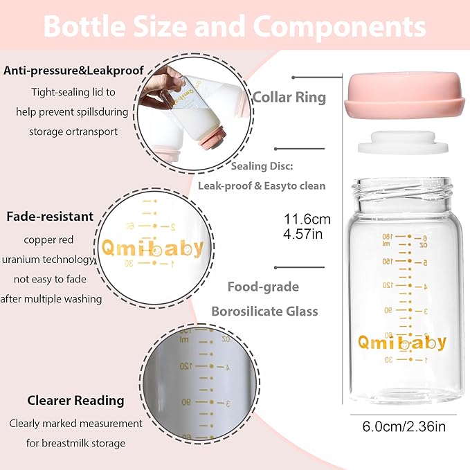 Breast Milk Storage Bottles 180ml 6oz BPA-Free Leak-Proof Nautral Baby Bottle for Breastmilk Storage Wide Neck Bottles with Screw Ring Sealing Disk Breastfeeding (Pink, 180ml-2Packs)