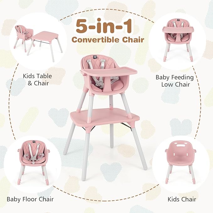 BABY JOY High Chair, 5 in 1 Convertible Highchair for Babies & Toddlers | Booster Seat | Table and Chair Set | Infant Feeding Chair with Removable Tray, Safety Harness, Removable Cushion (Pink)
