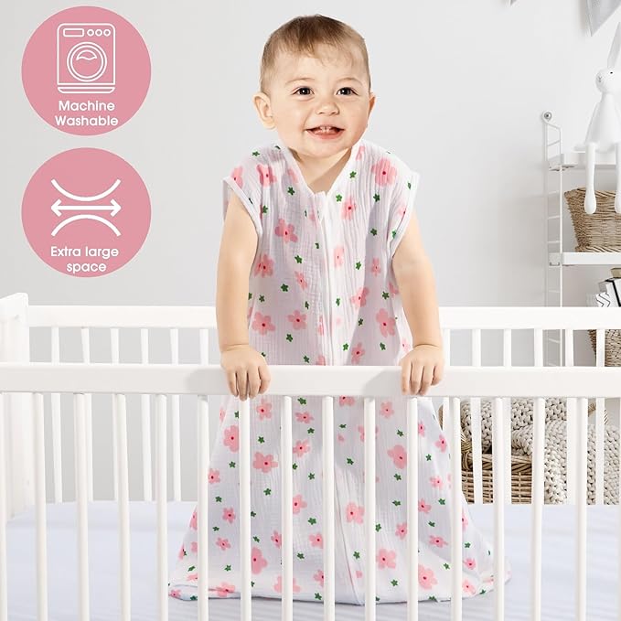 2 Pack Baby Sleep Sack 12-18 Months 100% Organic Cotton Muslin Baby Sleeping Bag 2-Way Zipper Wearable Blankets (Flower & Cherry, Large)