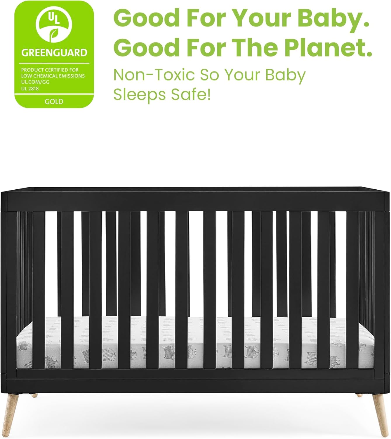 Delta Children Essex 4-in-1 Convertible Baby Crib, Ebony with Natural Legs
