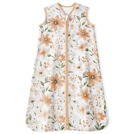 Baby Sleep Sack 12-18 Months 100% Cotton Lightweight 0.5 TOG Wearable Blanket Baby Sleep Bag with 2-Way Zipper for Infant Toddler Orange Flowers