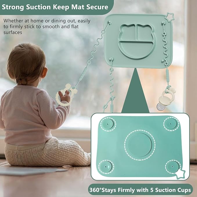 1 Pack Silicone Mat for Babies, Baby Placemat Built-in Suction Base and Equipped 4 Toy Straps & Anti-Peel Design, Activity Mat for Infants to Toddlers, Keeps Babies Essentials Off The Floor, Green