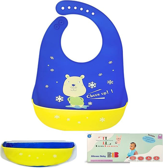 Silicone Baby Bibs Unisex, Self-Feeding, Catch-all Large Pocket, 6-48 months, BPA-Phthalate Free, w/Travel Case