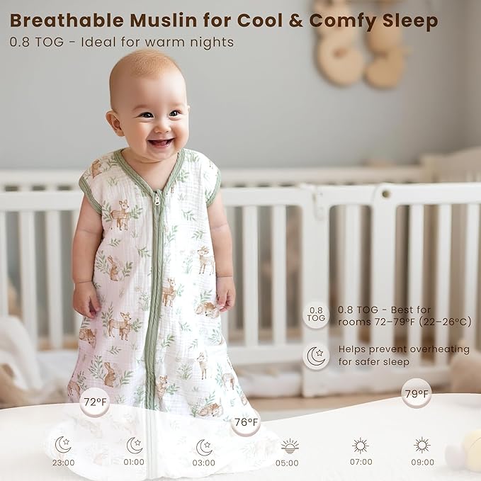 Konssy Muslin Baby Sleep Sack 6-12 Months 0.8 TOG, 2 Pack 100% Cotton Wearable Blanket for Babies, 2-Way Zipper Breathable Sleeping Sack Infant Toddler Essentials for Girls and Boys (Woodland,Sage)