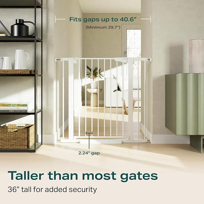 Cumbor 36" Extra Tall Baby Gate for Stairs, 29.7-40.6"(Extensions Included) Wide Dog Gate for Doorways, Pressure Mounted Auto-Close Pets Gates for Dogs Indoor, Durable Safety Child Gate, White