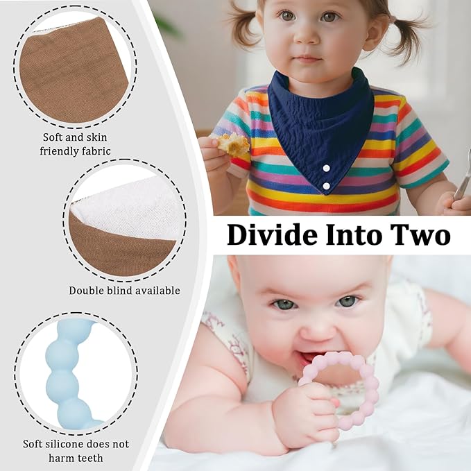 Baby Bandana Bibs & Teethers 6-Pack, 100% Organic Cotton, Super Absorbent & Soft, Unisex for Daily Use & Teething Relief.