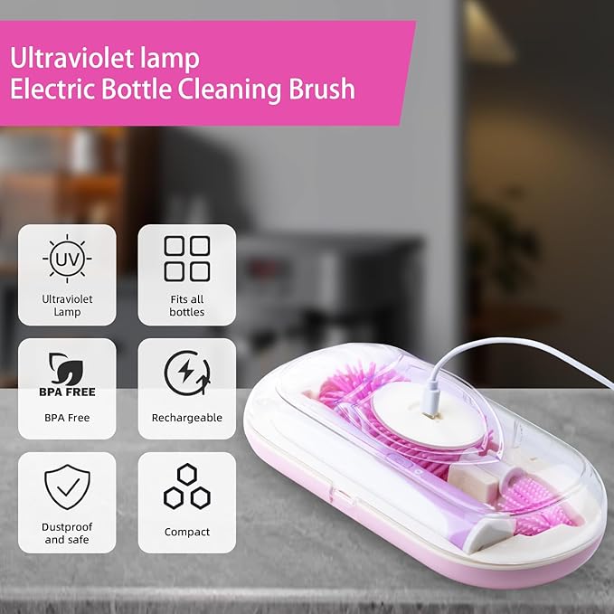 Electric Bottle Brush Set with Silicone Pacifier/Straw Brush and Mixing Head, Water Bottle Cleaner with Drying Rack, 2 Modes & 360 Rotation (Purple)