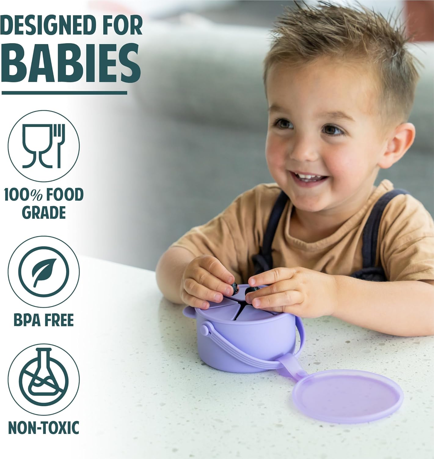 Silicone No Spill Snack Cups for Toddlers – Portable Baby Snack Cup Containers with Dustproof Lid – Dishwasher-Friendly Toddler Spill Proof Cups Without BPA, Lead, or Phthalates – Pink and Lilac