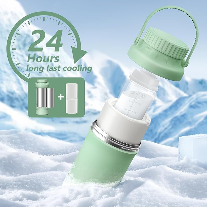 22oz Portable Breastmilk Cooler Bottle, Stainless Steel Breast Milk Chiller, 360° Total Cooling for 24 Hours, Stainless Steel Cooler with 2pcs Baby Bottles for Breastmilk Storage
