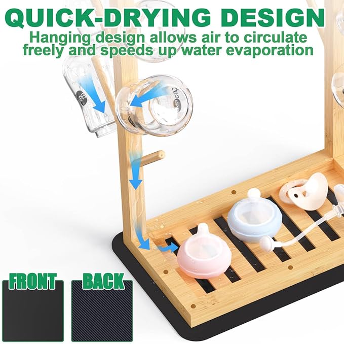 Baby Bottle Drying Rack, Vertical Bamboo Bottle Dryer Holder with Water Absorbent Pad, Space Saving Baby Bottle Organizer for Baby Bottles, Pump Part & Accessories(Natural, 12 Bottles)