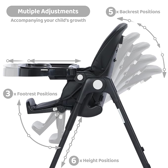 3 in 1 Foldable Baby High Chair, Infant High Chairs for Babies and Toddlers, 6 Height & 5 Recline Adjustable Toddler Feeding Chair, 2 Tray Depth & 3 Footrest Angles, 2 Built-in Wheels, Black