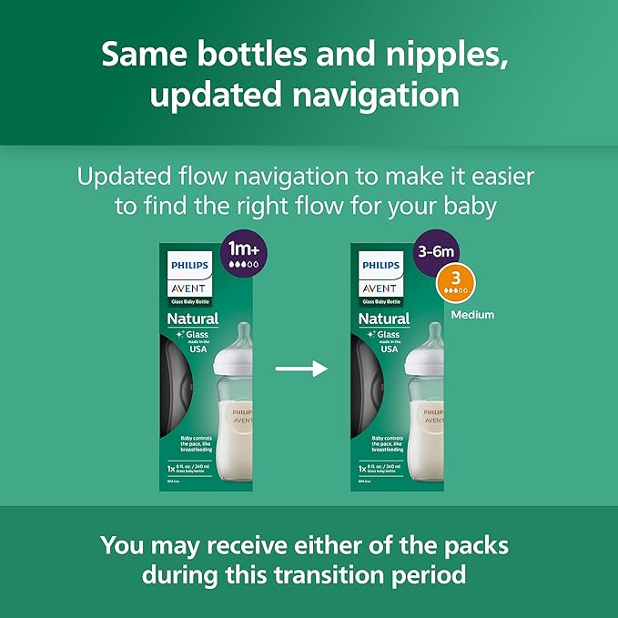 Philips Avent Natural Glass Baby Bottles with Natural Response Nipples (Medium Flow, Flow 3), 8oz, 4-Pack, SCY913/04