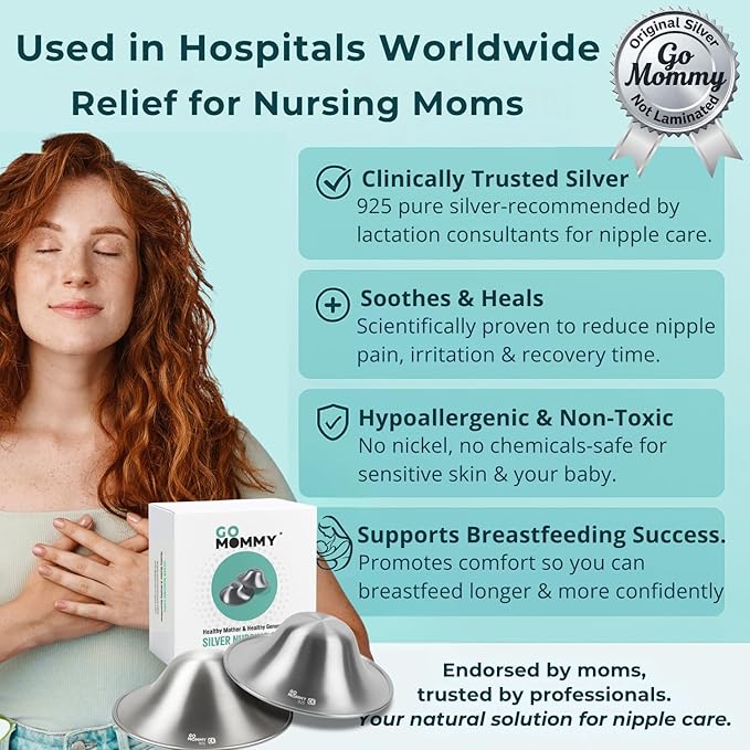 Silver Nipple Shields for Breastfeeding Newborn & A Breastfeeding Essential by Go Mommy - Silver Nursing Cups for Sore Nipple Relief, Protects & Heals Cracked Nipples