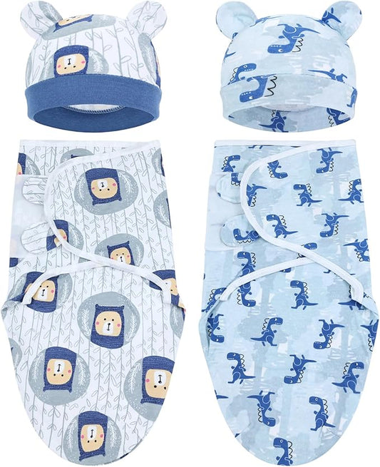 Cinaci 2 Pack Adjustable Soft Cotton Blend Newborn Baby Receiving Swaddle Blankets Sleep Sacks with Nursery Hats Caps Beanies Bonnets for Baby Girls Boys Newborns Infants