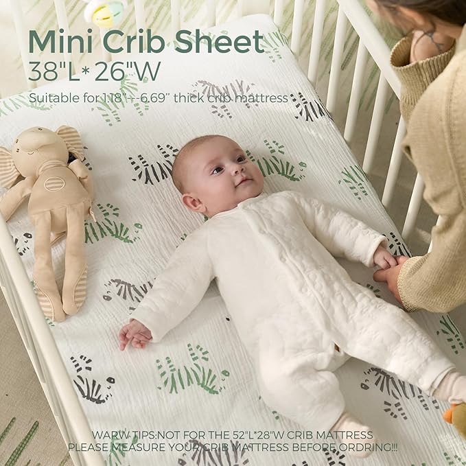 Momcozy Muslin Mini Crib Sheets Fitted - 38''x26'' Pack and Play Sheets for Pack N Play Mattress, 2 Pack Soft & Breathable Natural Cotton Non Slip Bed Cover for Boys, Girls, Bravery Zebra
