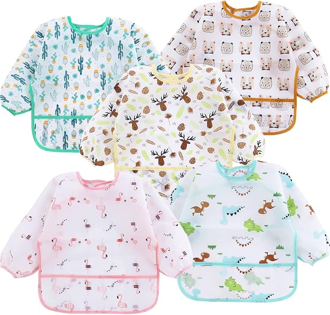 PandaEar 5 Pack Long Sleeve Bibs| Waterproof Full Bib with Sleeves for Babies Infant Toddler 6-24 Months| Mess Proof Baby Smock for Eating| Baby Apron for Feeding