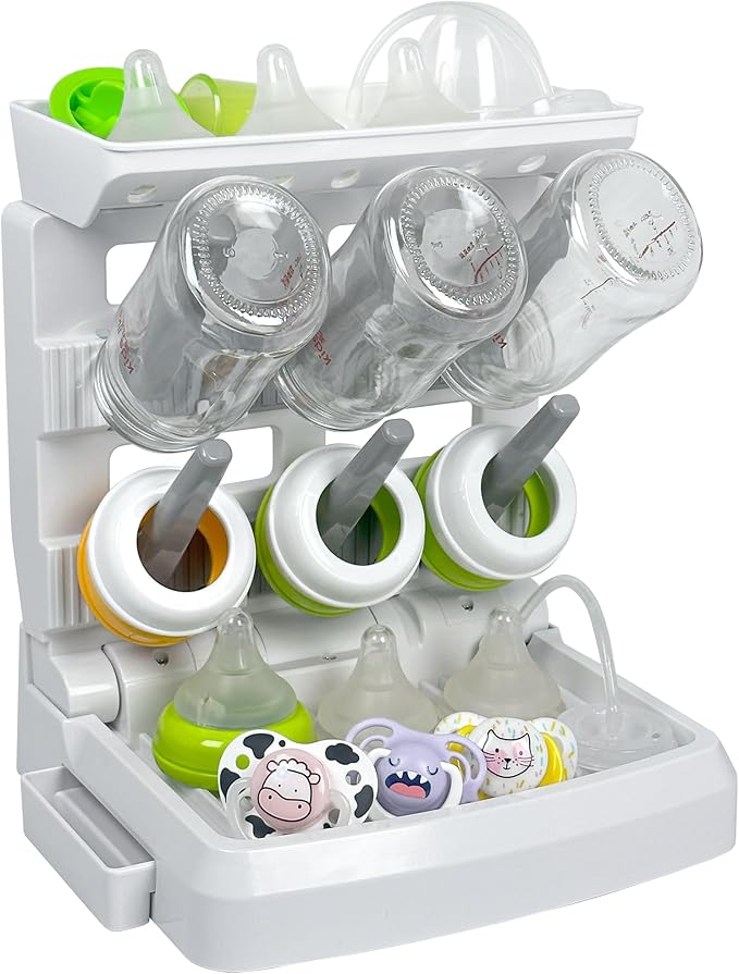 Baby Bottle Drying Rack for 6 Bottles, Vertical Cup Drying Holder, Space Saving Countertop Standing Bottle Dryer Rack for Baby Accessories & Pump Parts (Small White&Grey)