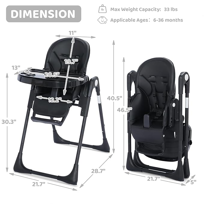 3 in 1 Foldable Baby High Chair, Infant High Chairs for Babies and Toddlers, 6 Height & 5 Recline Adjustable Toddler Feeding Chair, 2 Tray Depth & 3 Footrest Angles, 2 Built-in Wheels, Black