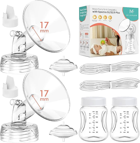 Breast Pump Parts Compatible with Spectra S1,S2,S9 Plus, Replacement Kit for Spectra Pump Parts 2PC Include 17 mm Flange, Duckbill Valve, Tube,Bottle, Backflow Protector, Not Original Accessories