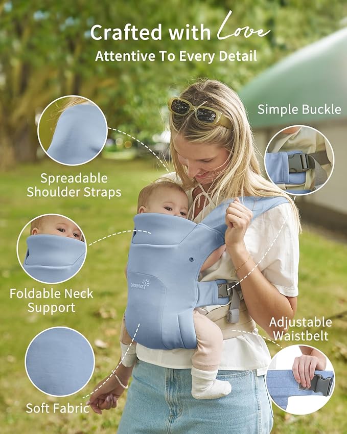 GROWNSY Baby Carrier Newborn to Toddler, Cozy Baby Wraps Carrier, Ergonomic Baby Carrier with Head Support, Oxford Blue