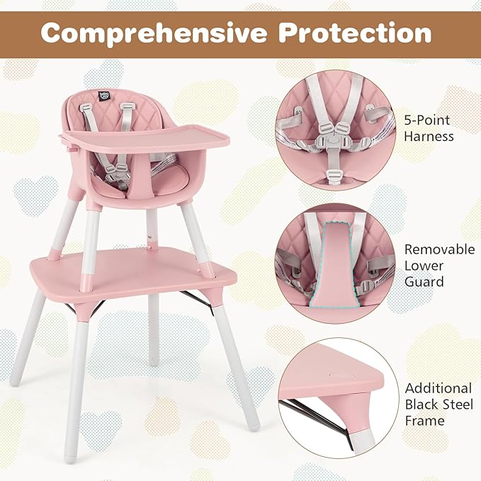 BABY JOY High Chair, 5 in 1 Convertible Highchair for Babies & Toddlers | Booster Seat | Table and Chair Set | Infant Feeding Chair with Removable Tray, Safety Harness, Removable Cushion (Pink)