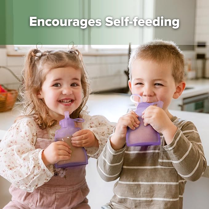 haakaa Baby Food Pouch Refillable Baby Squeeze Silicone Yummy Pouch, Soft Reusable Squeeze Storage Food Pouch for Kids Toddler,Home Made Food Puree,Smoothie Pouch Bag, 4oz, 4 Pack,6m+(Lavender)