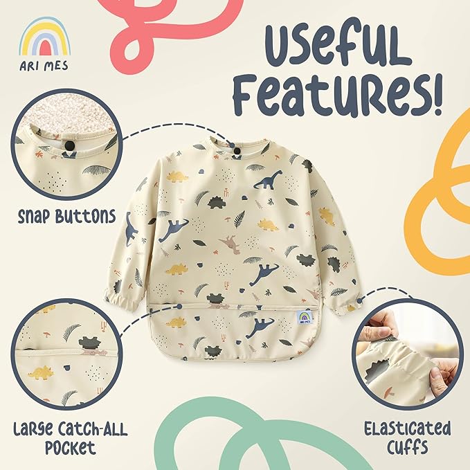 ARI MES Long Sleeves Waterproof Baby Bibs for Eating - Rainbows, Large- Wearable, Coverall for Toddler, Long Sleeve Bib, Smock Apron for Feeding - Applicable for 6-72 Months