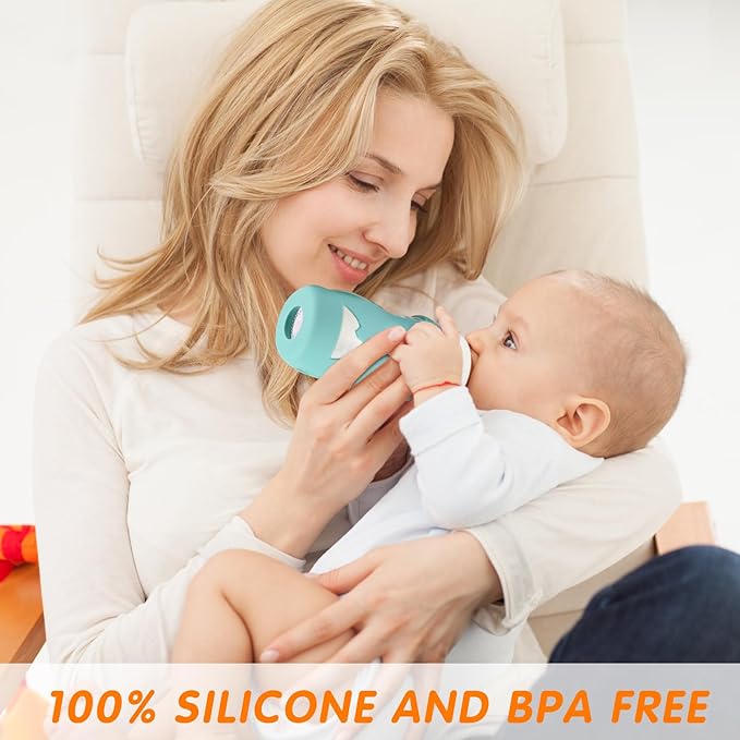 Silicone Sleeves for Avent Glass Natural Baby Bottle,4 Pack Bottles Shatter Proof Bottle Covers,Anti Flow Holder Compatible Baby Bottle 4 oz & 8 oz,BPA Free(Grey+White+Blue+Green)