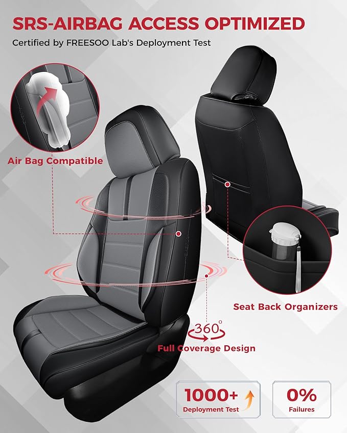FREESOO Black Gray Car Seat Covers Full Set - Faux Nappa Leather Seat Covers for Cars, with Front Seatbelt Pads, Luxury Waterproof Cushion Protector Accessories Fit for Most 5 Seats Sedans SUV Trucks