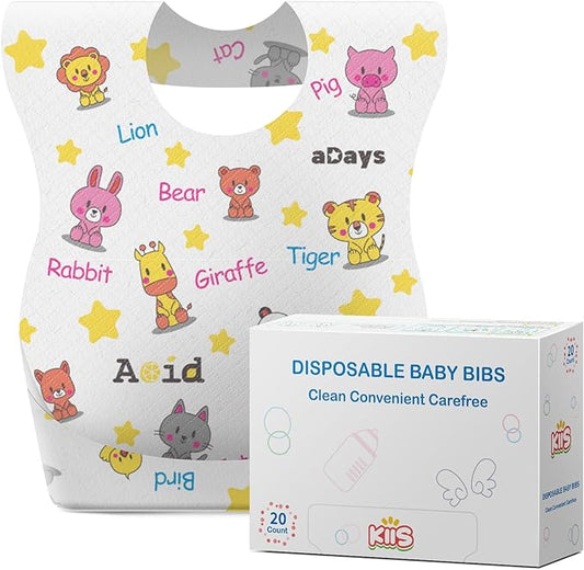 KIIS Disposable Baby Bibs for Baby Boys and Girls - Individually Packaged - Hygienic, Soft and Leakproof (20 PCS / 60 PCS)